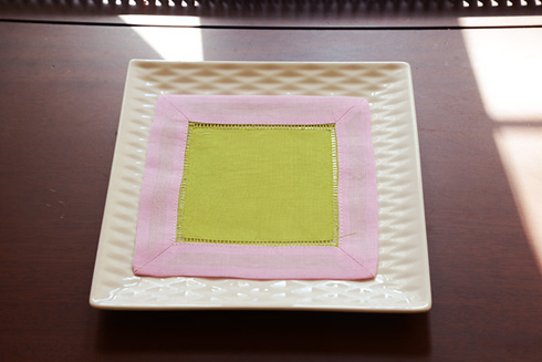 Multicolor Hemstitch Cocktail Napkin 6". Hot Green & Light Pink